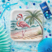 Assiettes En Carton Flamant rose de Noël sur une plage (Fête)