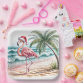 Assiettes En Carton Flamant rose de Noël sur une plage (Fête)