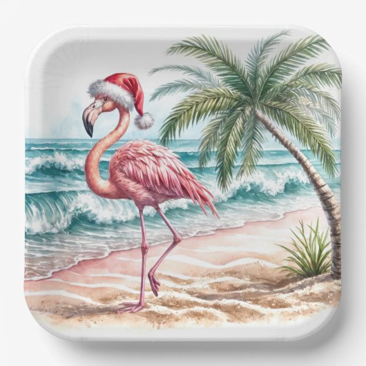 Assiettes En Carton Flamant rose de Noël sur une plage (Recto)