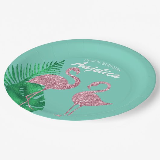 Assiettes En Carton Flamant rose de Parties scintillant roses rétro et (Angle)