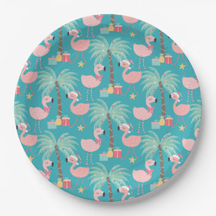 Assiettes En Carton Flamant rose de Père Noël - Noël tropical d'Aqu
