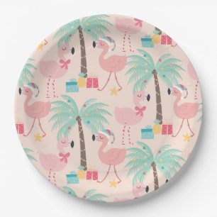 Assiettes En Carton Flamant rose de Père Noël - Noël tropical rose