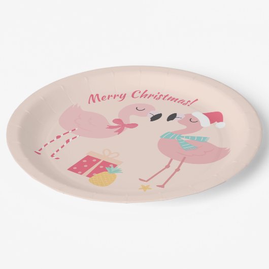 Assiettes En Carton Flamant rose de Père Noël tropical - Noël (Angle)