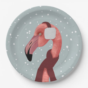 Assiettes En Carton Flamant rose D'Hiver Whimsical Et Cosy Avec Écharp