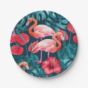 Assiettes En Carton Flamant rose et aquarelle du jardin tropical