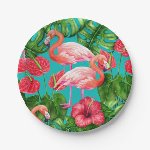 Assiettes En Carton Flamant rose et aquarelle du jardin tropical