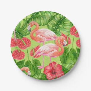 Assiettes En Carton Flamant rose et plantes tropicaux