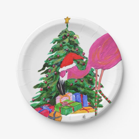 Assiettes En Carton Flamant rose et sapin de Noël (Devant)