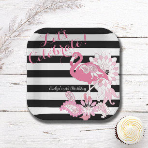 Assiettes En Carton Flamant Rose Fantaisiste Rayures Noir et Blanc