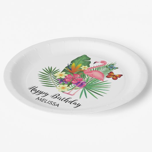 Assiettes En Carton Flamant rose floral tropical papillons Anniversair (Angle)