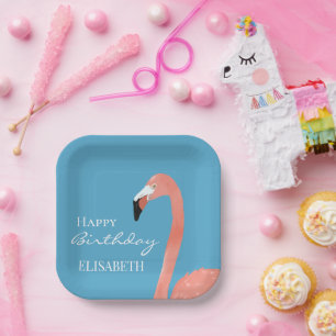 Assiettes En Carton Flamant Rose Joyeux Anniversaire Nom Personnalisé