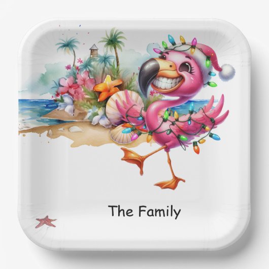 Assiettes En Carton Flamant rose Noël en juillet à la plage (Recto)