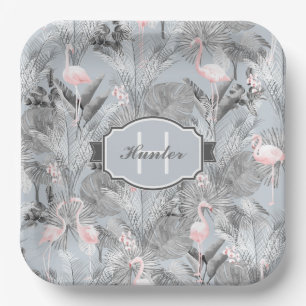 Assiettes En Carton Flamant rose Orchidée Tropical Motif Grey ID868
