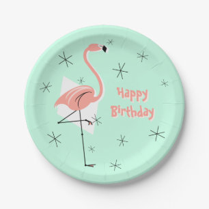 Assiettes En Carton Flamant rose Retro Green Joyeux Anniversaire plaqu