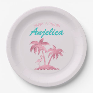 Assiettes En Carton Flamant Rose Rétro Pailleté et Palmiers