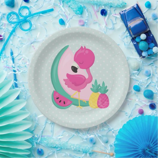 Assiettes En Carton Flamant rose rose avec pastèque et ananas (Fête)
