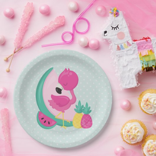 Assiettes En Carton Flamant rose rose avec pastèque et ananas (Fête)