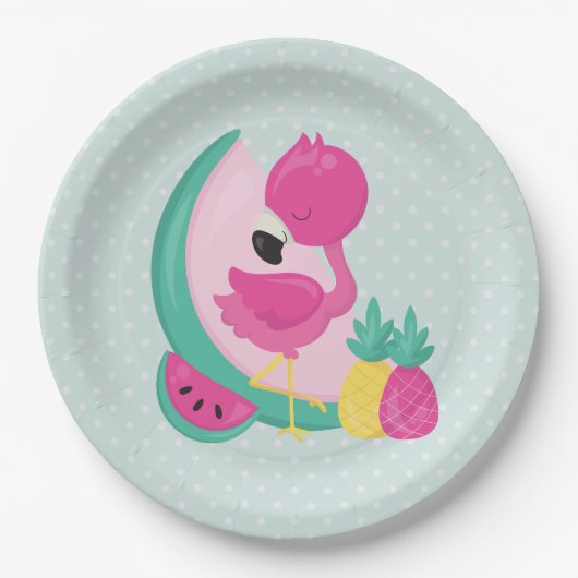 Assiettes En Carton Flamant rose rose avec pastèque et ananas (Devant)