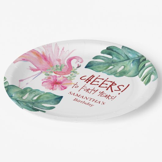 Assiettes En Carton Flamant rose rose d'anniversaire tropical (Angle)