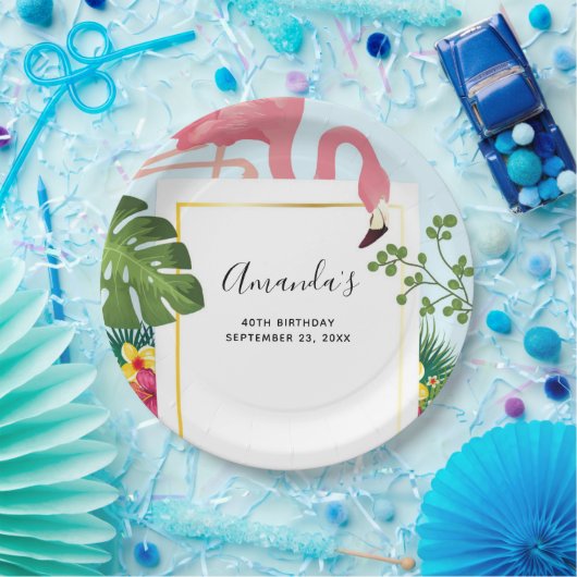 Assiettes En Carton Flamant rose rose élégant et Feuilles tropicaux An (Fête)