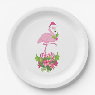 Assiettes En Carton Flamant rose rose en Santa Hat avec Sucre de canne