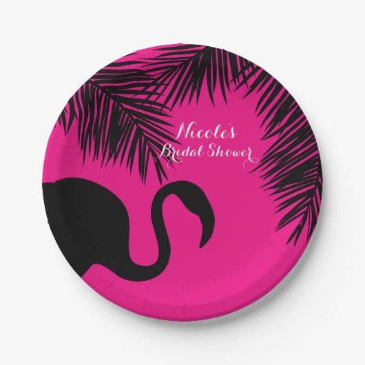 Assiettes En Carton Flamant rose rose et noir & Palm fête d'anniversai (Devant)