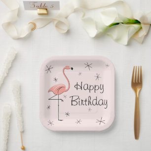 Assiettes En Carton Flamant rose rose heureux carré d'anniversaire