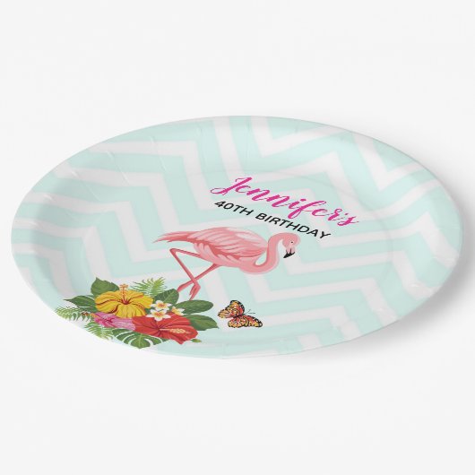 Assiettes En Carton Flamant rose rose & Hibiscus Tropical Fancy Annive (Angle)