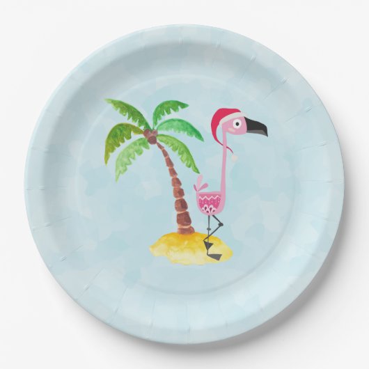 Assiettes En Carton Flamant rose rose lunique Noël tropical (Devant)