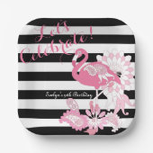 Assiettes En Carton Flamant rose rose rayé noir et blanc Anniversaire (Recto)