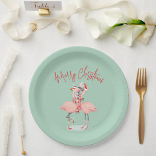 Assiettes En Carton Flamant Rose Tropical Avec Chapeaux de Père Noël N