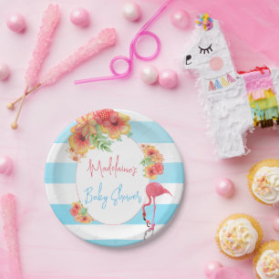 Assiettes En Carton Flamant rose tropical Baby shower à bande bleue