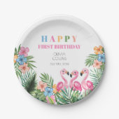 Assiettes En Carton Flamant rose tropical d'été Joyeux 1er anniversair (Devant)