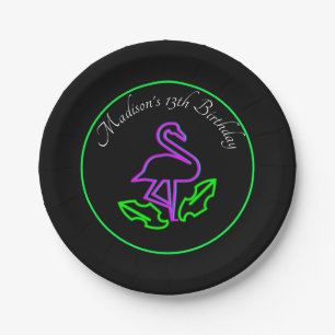 Assiettes En Carton Flamant rose tropical Neon Party Glow Ado