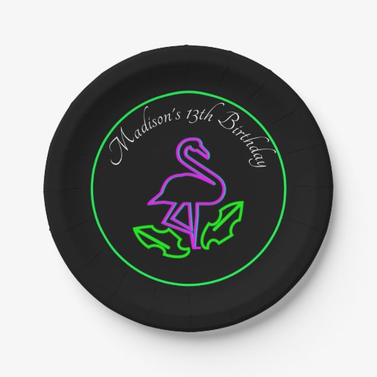 Assiettes En Carton Flamant rose tropical Neon Party Glow Ado (Devant)