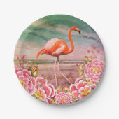 Assiettes En Carton Flamant rose tropical sur la plage & Fleurs roses (Devant)