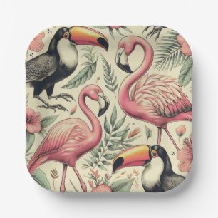 Assiettes En Carton Flamant rose vintage et Toucan sans couture