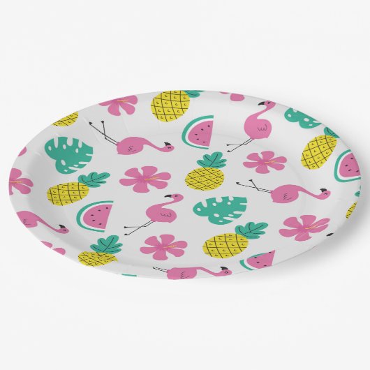 Assiettes En Carton Flamants roses, ananas et fleurs (Angle)