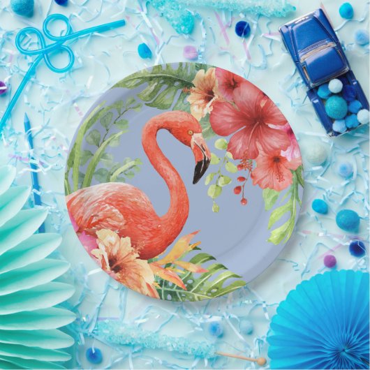 Assiettes En Carton Flamants roses d'aquarelle tropicale et Hibiscus (Fête)