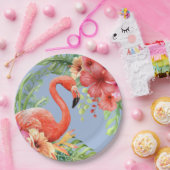 Assiettes En Carton Flamants roses d'aquarelle tropicale et Hibiscus (Fête)