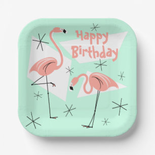 Assiettes En Carton Flamants roses Retro Green Joyeux carré d'annivers