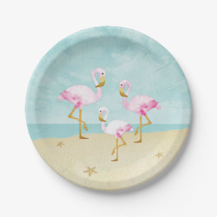 Assiettes En Carton Flamants roses roses d'aquarelle sur la plage