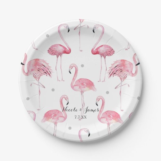 Assiettes En Carton Flamants roses roses Gris Pois Chic Motif Party (Devant)