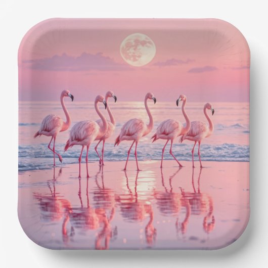 Assiettes En Carton Flamants roses Sur une plage rose (Recto)