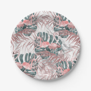 Assiettes En Carton Flamants Roses Tropicaux en Or Rose Feuilles & Mar