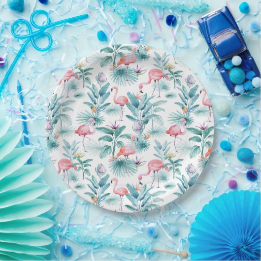 Assiettes En Carton Flamants roses tropicaux feuille motif (Fête)