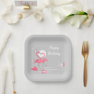 Assiettes En Carton Flamingo Amour Joyeux Anniversaire carré 