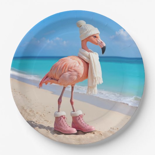 Assiettes En Carton Flamingo Wearing Winter Scarf and Hat (Devant)