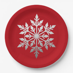 Assiettes En Carton Flamme de neige en argent Foil Fête rouge de Noë