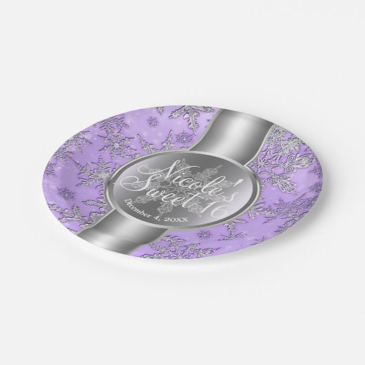 Assiettes En Carton Flammes de neige en argent violet Winter Wonderlan (Angle)